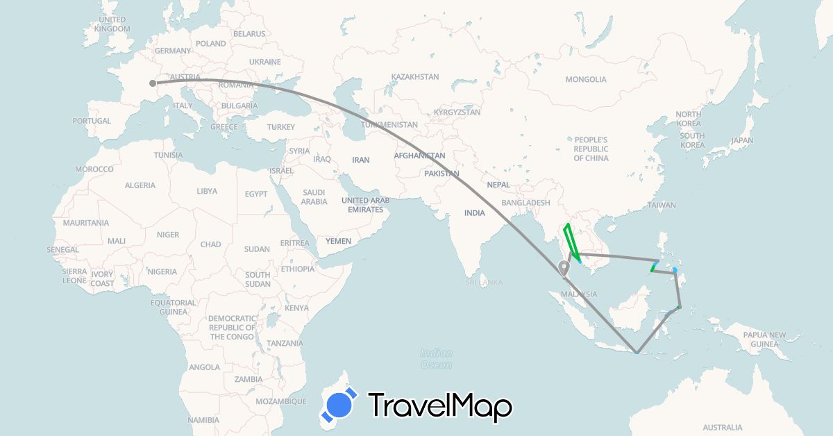 TravelMap itinerary: driving, bus, plane, boat in France, Indonesia, Philippines, Thailand (Asia, Europe)